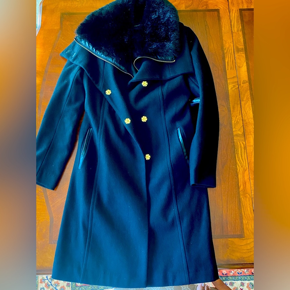 French Connection Black Trench Coat with Gold Buttons